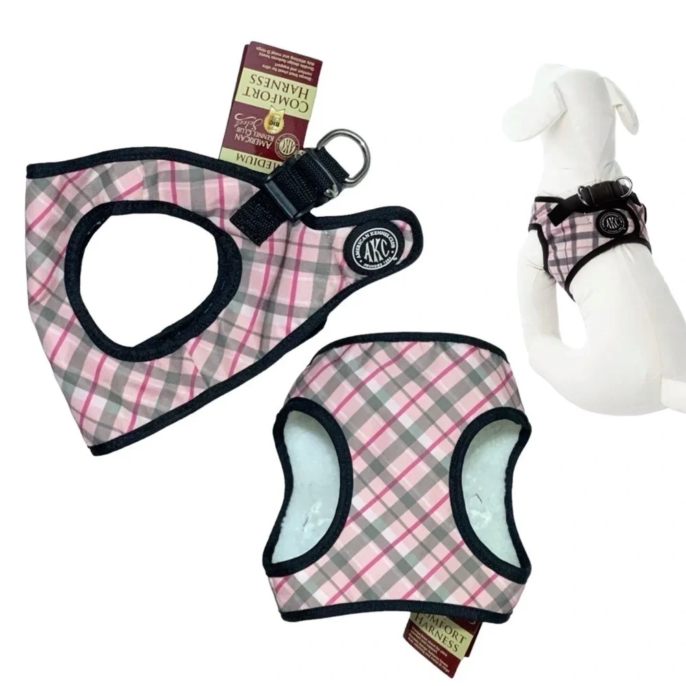 American Kennel Club Dog Harness Vest  Designer Tartan Plaid Sherpa Lined Pink M